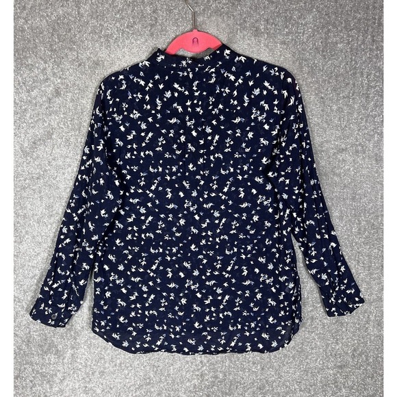 Eddie Bauer Bird Print‎ Crinkle Semi Sheer Button Up Top Womens Size PL Blue - Picture 2 of 11